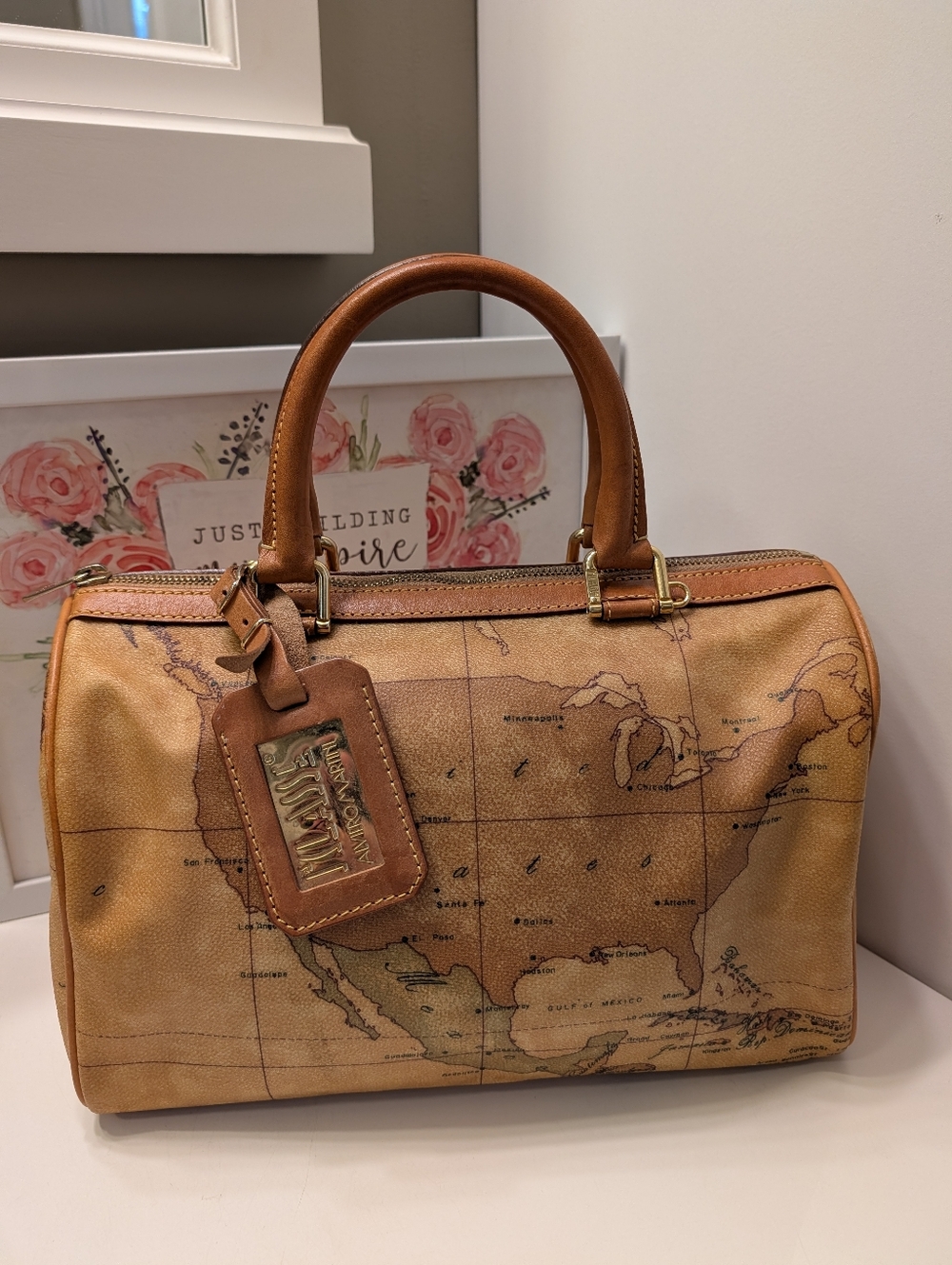 🥰Vintage EUC Alviero Martini 1st Classe Tan Printed Americas Hand Satchel Bag